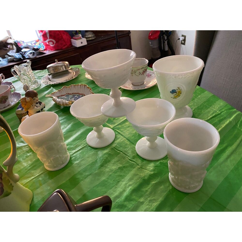 Vintage Milk Glass Lot Fenton Signed Dish Fostoria Goblets Paris